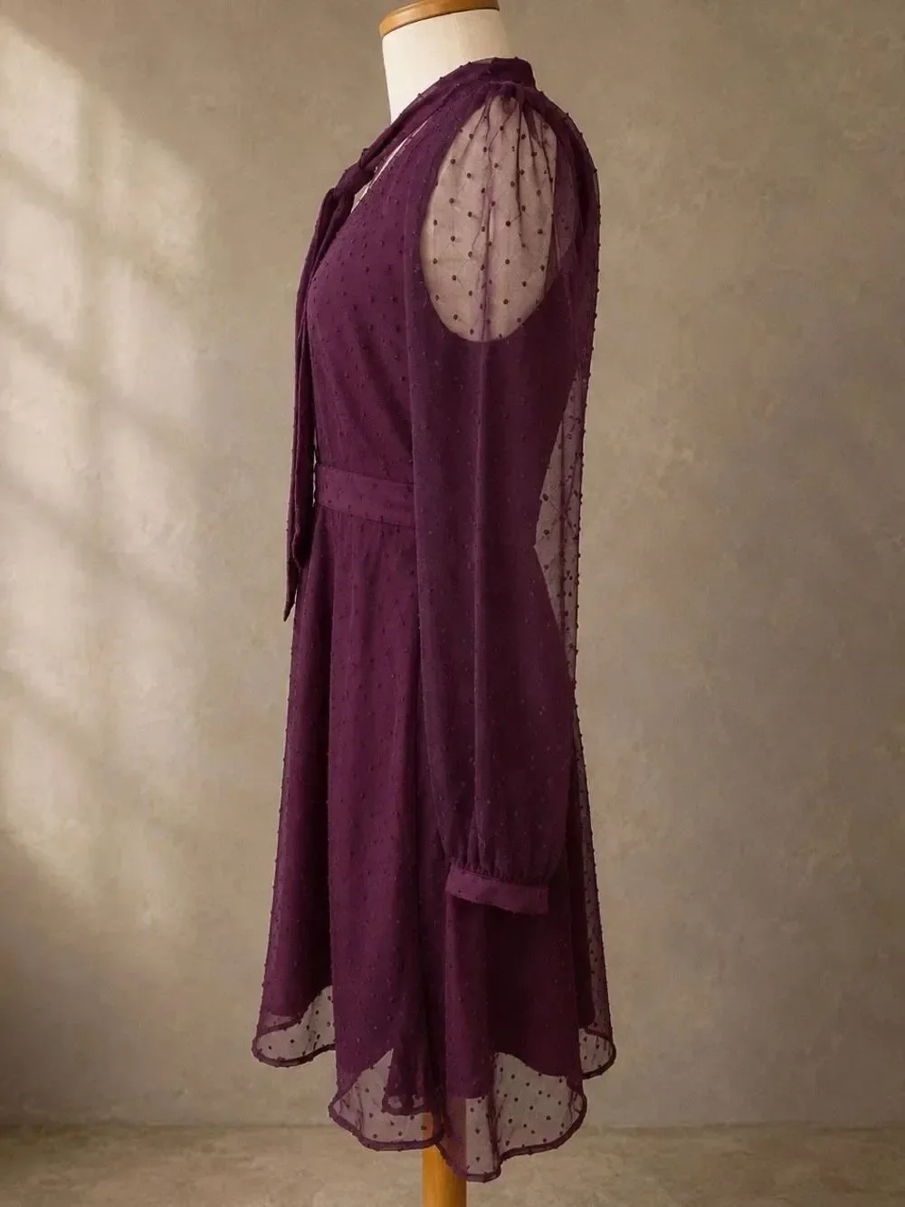 ModCloth Size 6 Apogee of Elegance Swiss Dot Tie Neck Fit & Flare Plum Dress